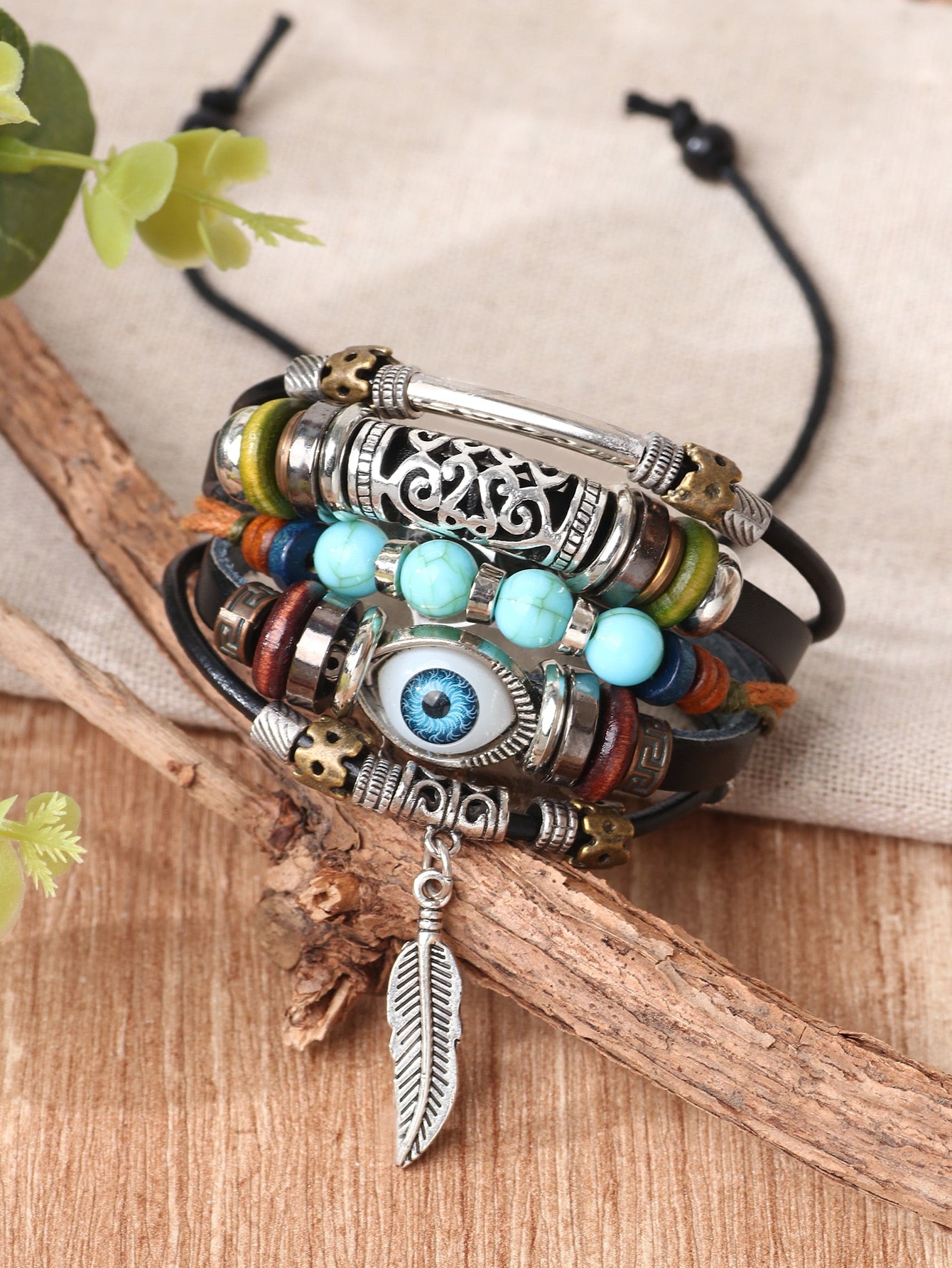 Eye & Feather Decor Layered Bracelet