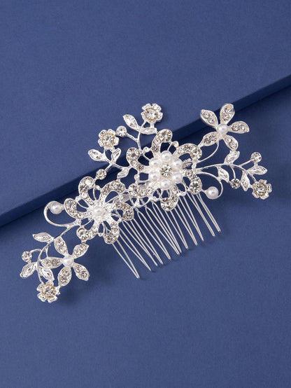 Faux Pearl & Rhinestone Flower Decor Elegant Bridal Hair Pin Tiaras