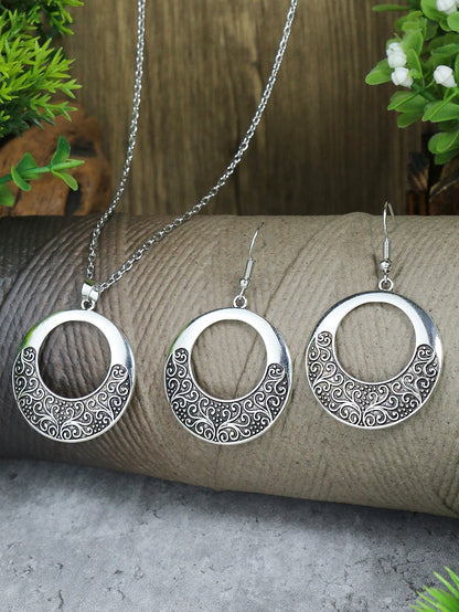 Hollow Out Round Charm Necklace & Drop Earrings