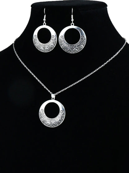 Hollow Out Round Charm Necklace & Drop Earrings