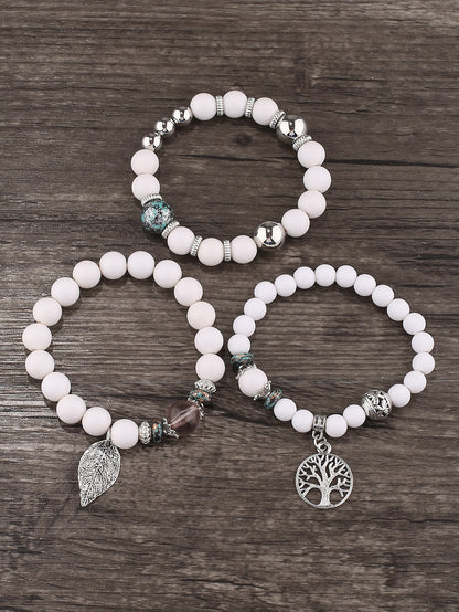 3pcs Leaf & Tree Charm Beaded Bracelet