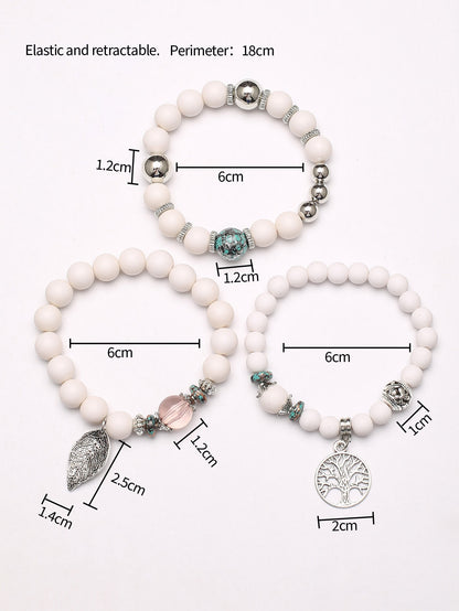 3pcs Leaf & Tree Charm Beaded Bracelet