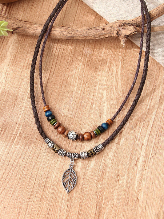 Bead Decor Leaf Charm Layered Necklace