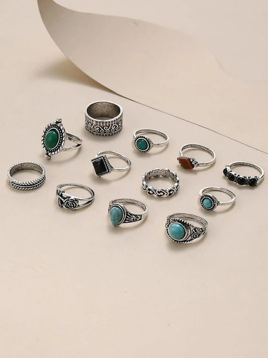 12pcs Square & Turquoise Decor Ring