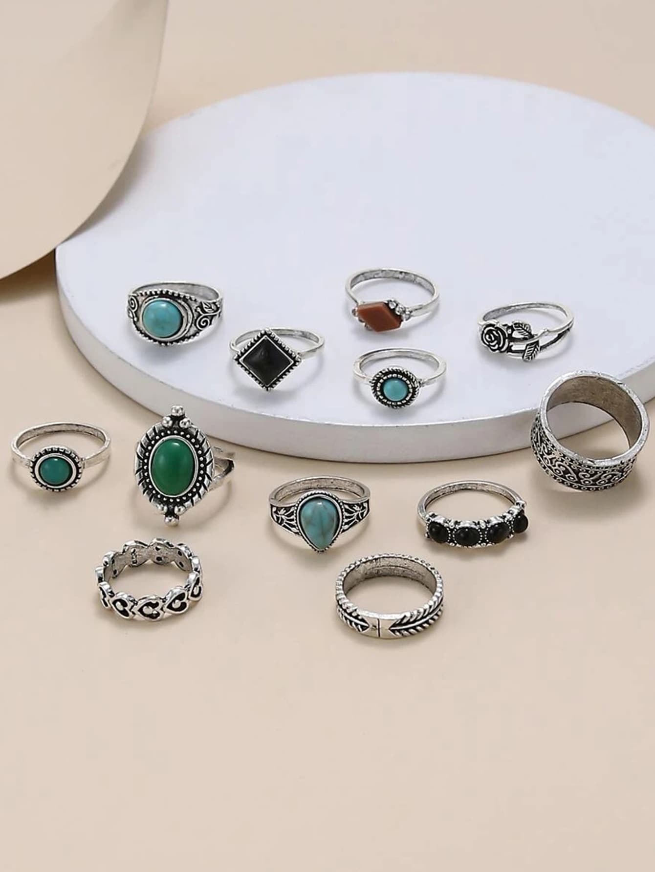 12pcs Square & Turquoise Decor Ring