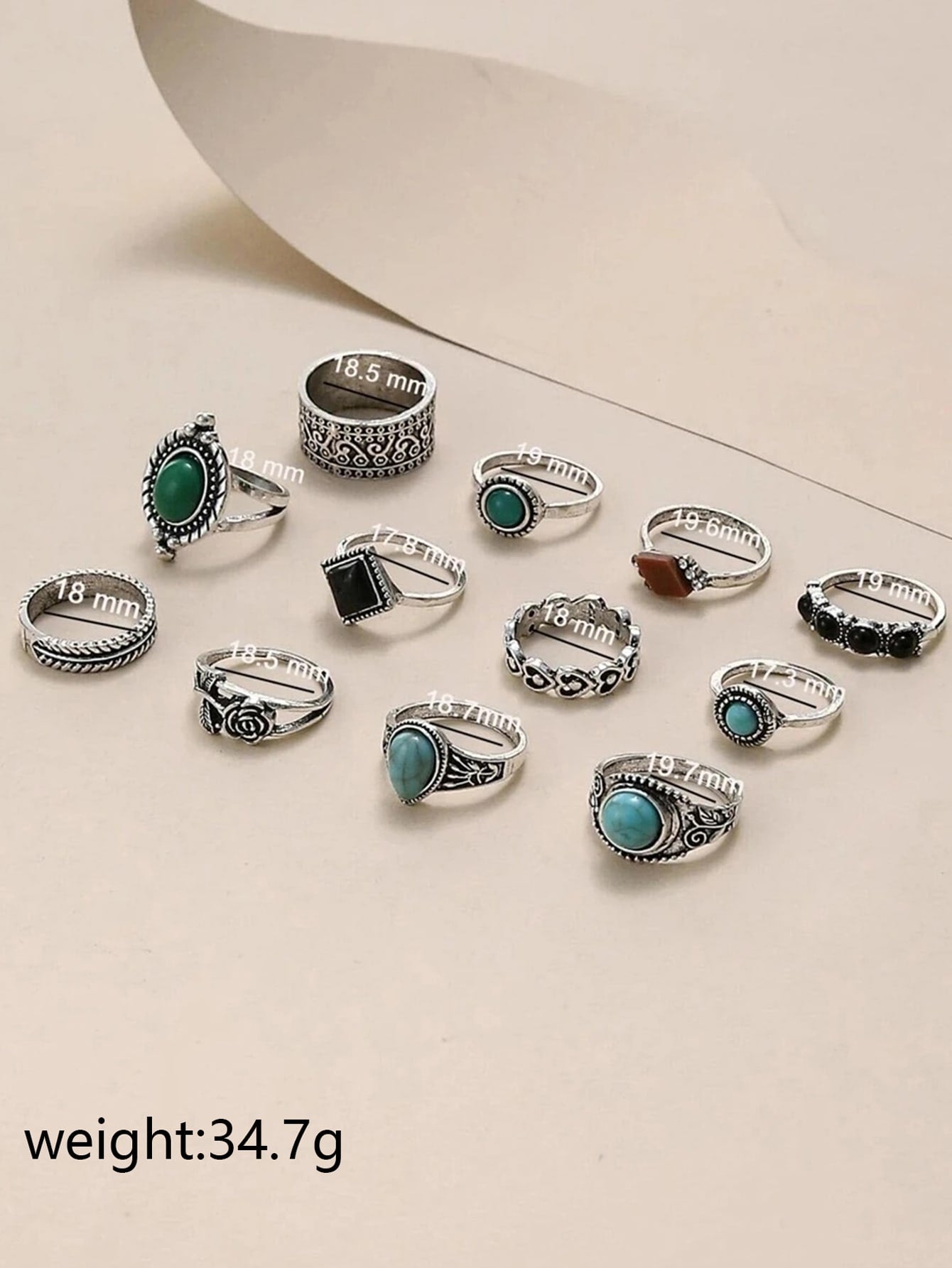 12pcs Square & Turquoise Decor Ring