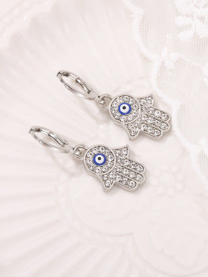 Evil Eye Decor Rhinestone Hamsa Hand Drop Earrings