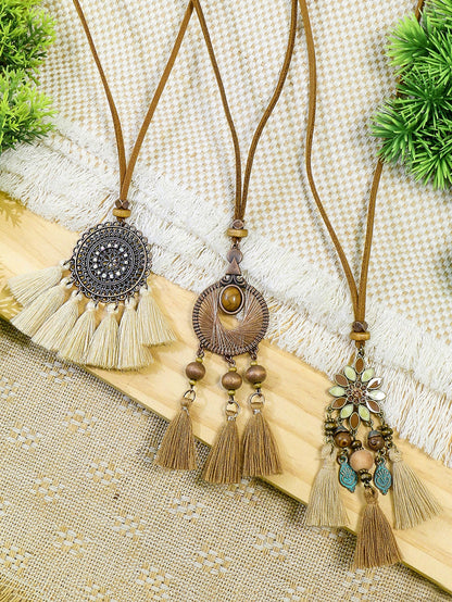 3pcs Flower & Tassel Charm Necklace