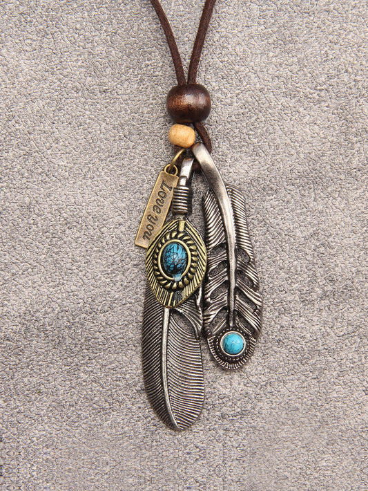 Turquoise Decor Feather Charm Necklace