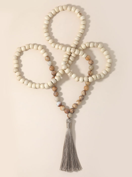 Stone Rose Quartz & Wood Beads Necklace