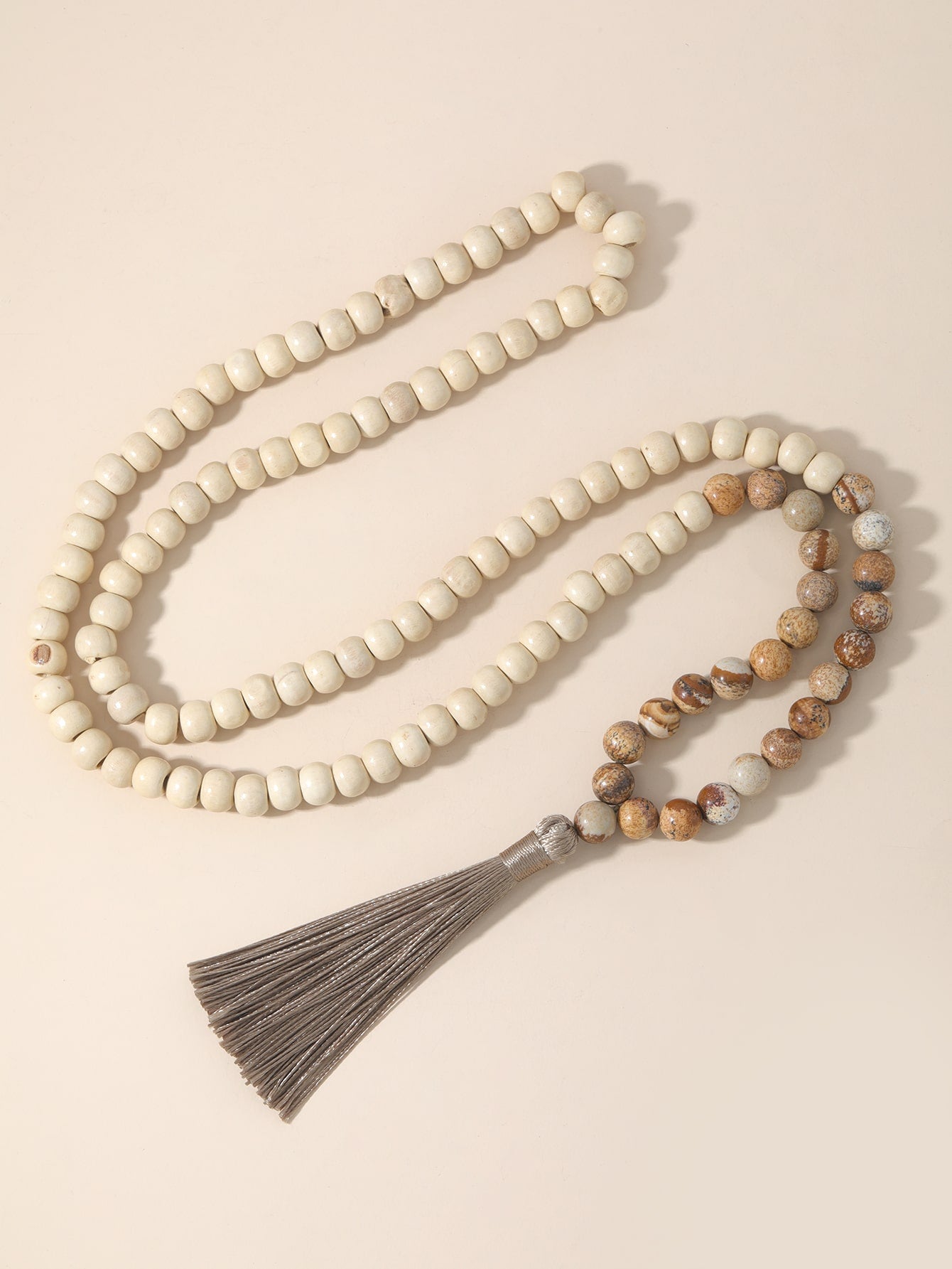 Stone Rose Quartz & Wood Beads Necklace