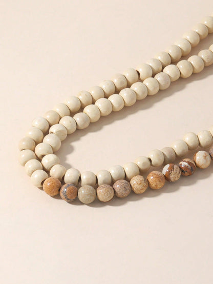 Stone Rose Quartz & Wood Beads Necklace