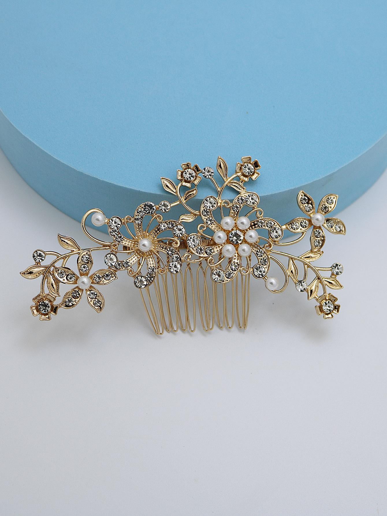 Faux Pearl & Rhinestone Flower Decor Elegant Bridal Hair Pin Tiaras