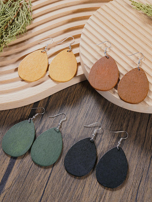 4pairs/set Wooden Water Drop Earrings