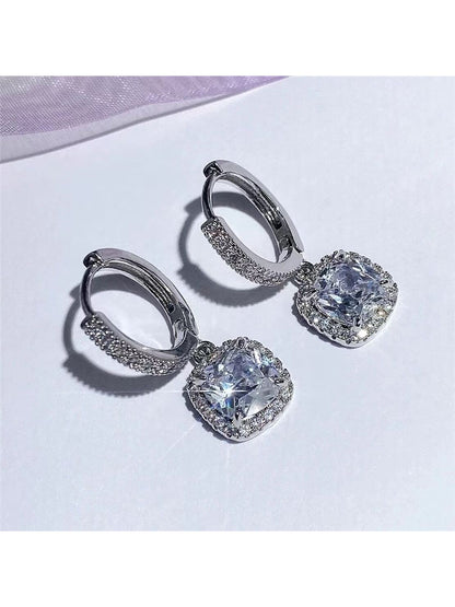 Square Shaped Shimmering Cubic Zirconia Pendant Earrings Set