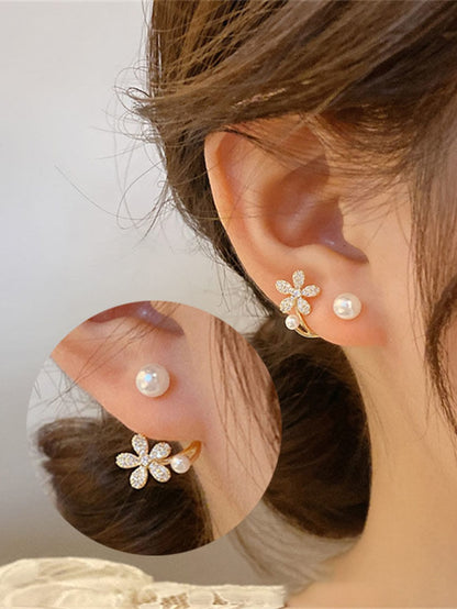 Bohemian Chic Silver Flower & Pearl Stud Earrings