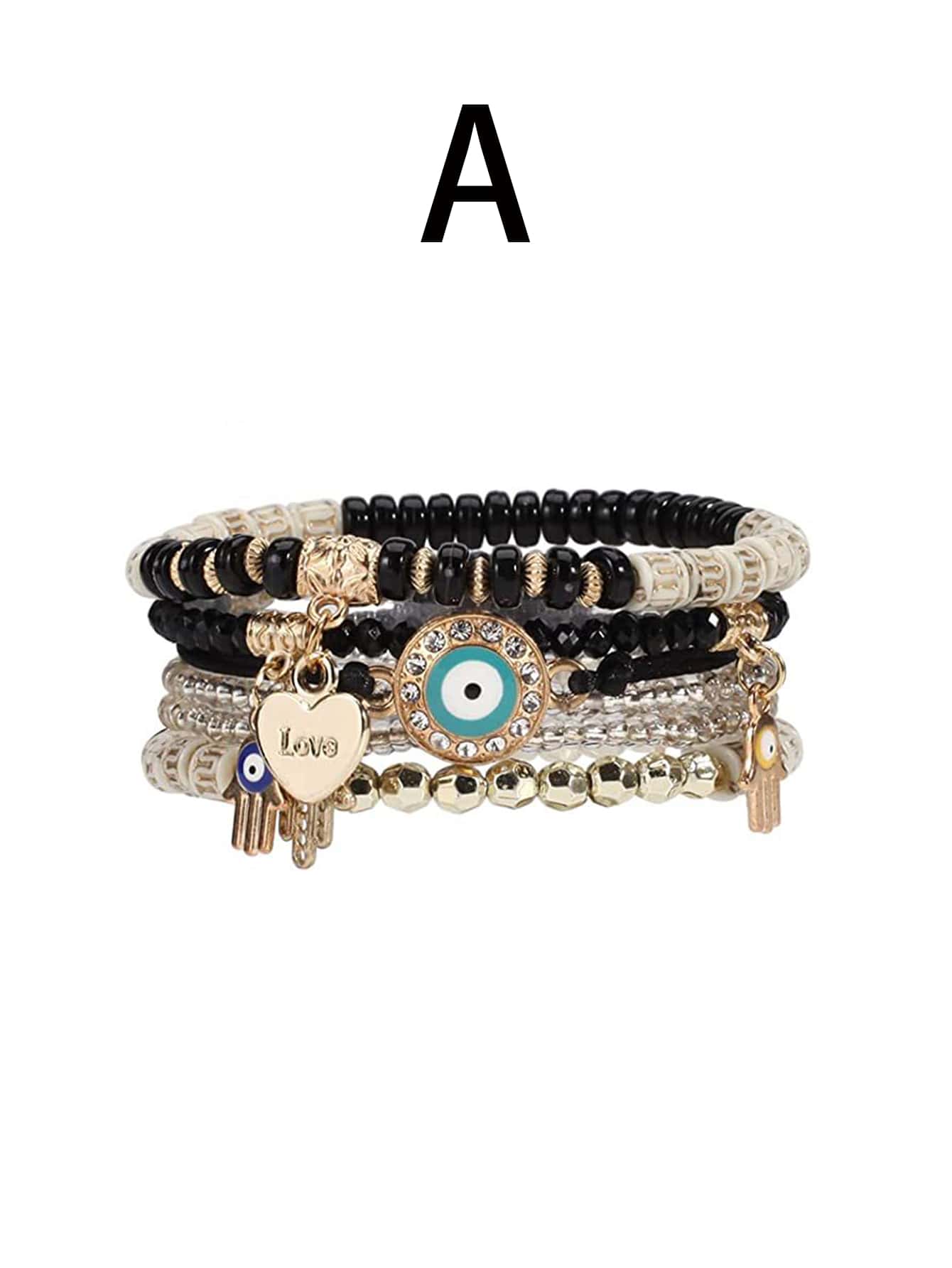 1pc Bohemian Evil Eye & Palm & Heart Charm Beaded Multi-layer Bracelet