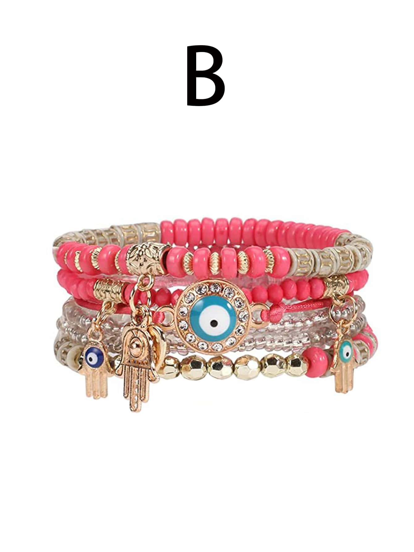 1pc Bohemian Evil Eye & Palm & Heart Charm Beaded Multi-layer Bracelet