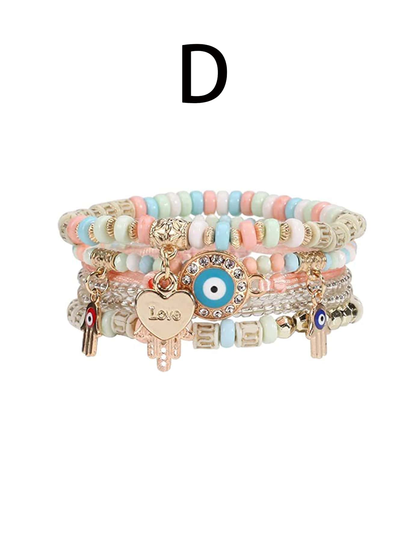 1pc Bohemian Evil Eye & Palm & Heart Charm Beaded Multi-layer Bracelet