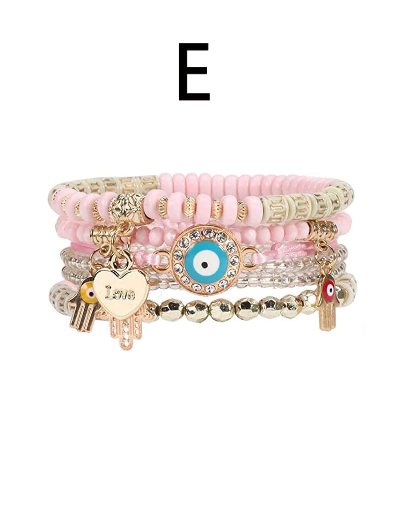 1pc Bohemian Evil Eye & Palm & Heart Charm Beaded Multi-layer Bracelet