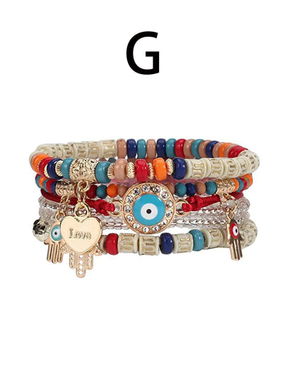 1pc Bohemian Evil Eye & Palm & Heart Charm Beaded Multi-layer Bracelet