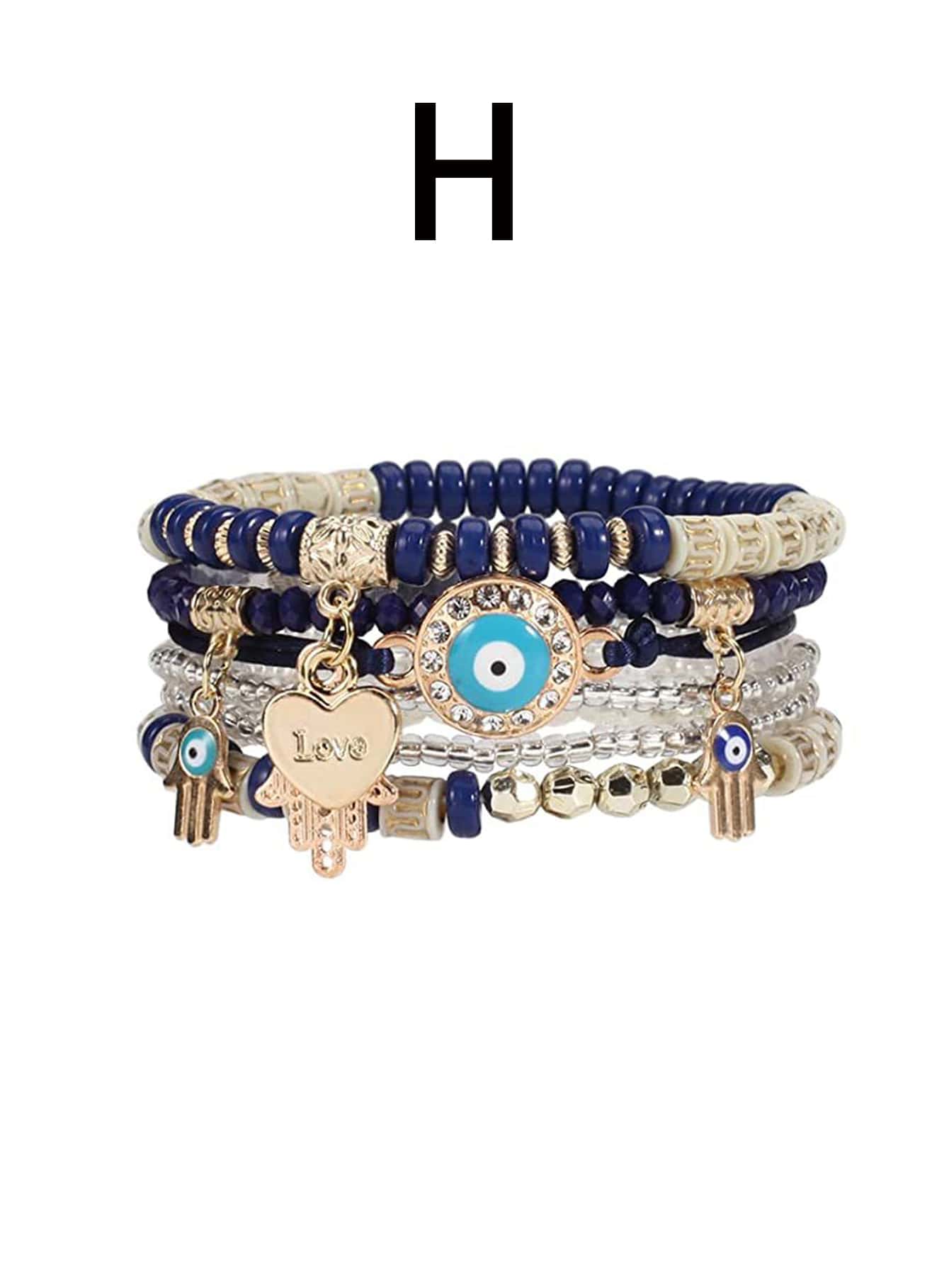 1pc Bohemian Evil Eye & Palm & Heart Charm Beaded Multi-layer Bracelet