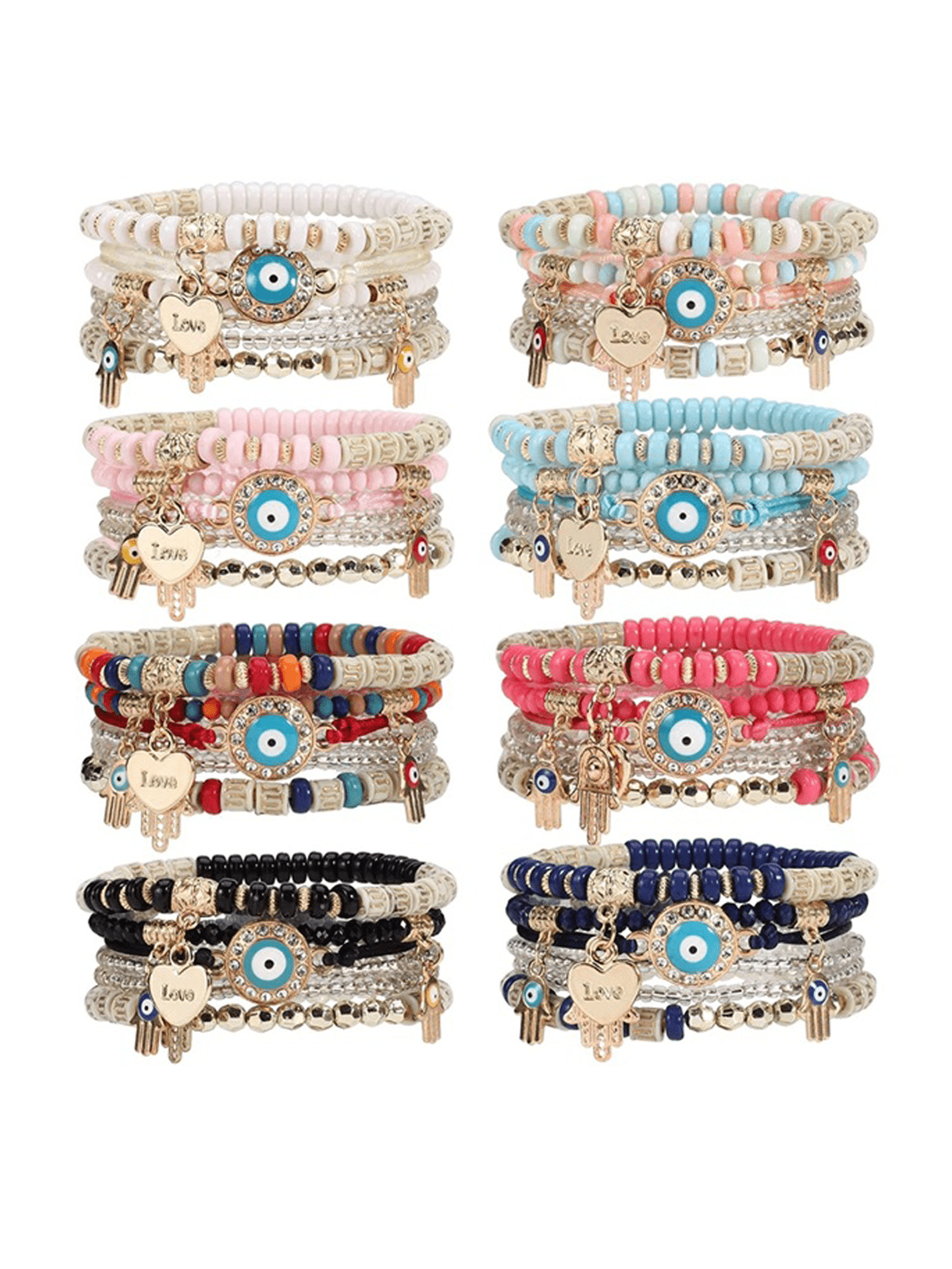 1pc Bohemian Evil Eye & Palm & Heart Charm Beaded Multi-layer Bracelet