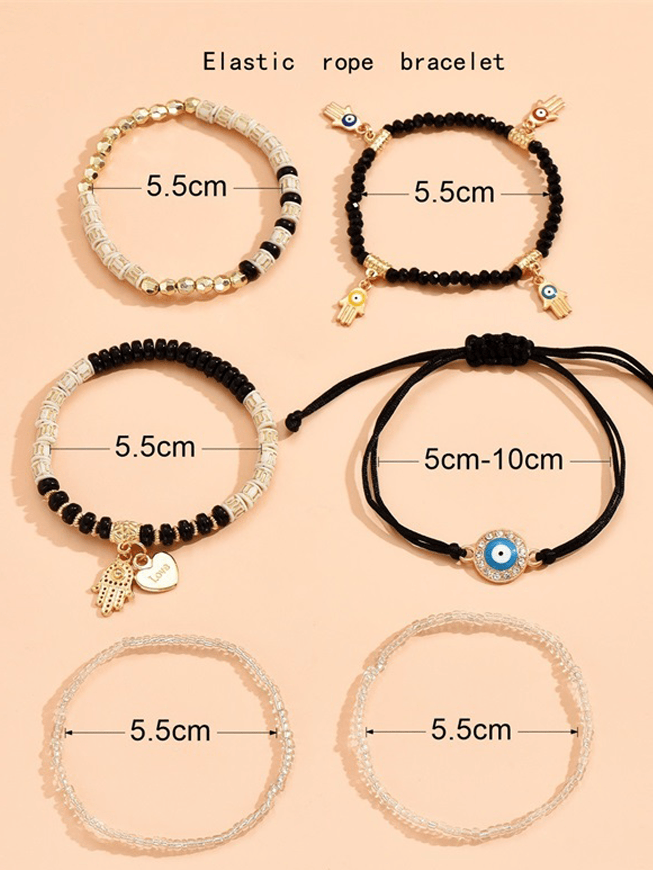 1pc Bohemian Evil Eye & Palm & Heart Charm Beaded Multi-layer Bracelet