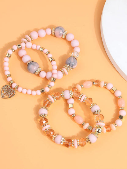 4pcs Simple Beaded Love Heart Pendant Multilayered Bracelet For Women