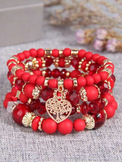 4pcs Simple Beaded Love Heart Pendant Multilayered Bracelet For Women