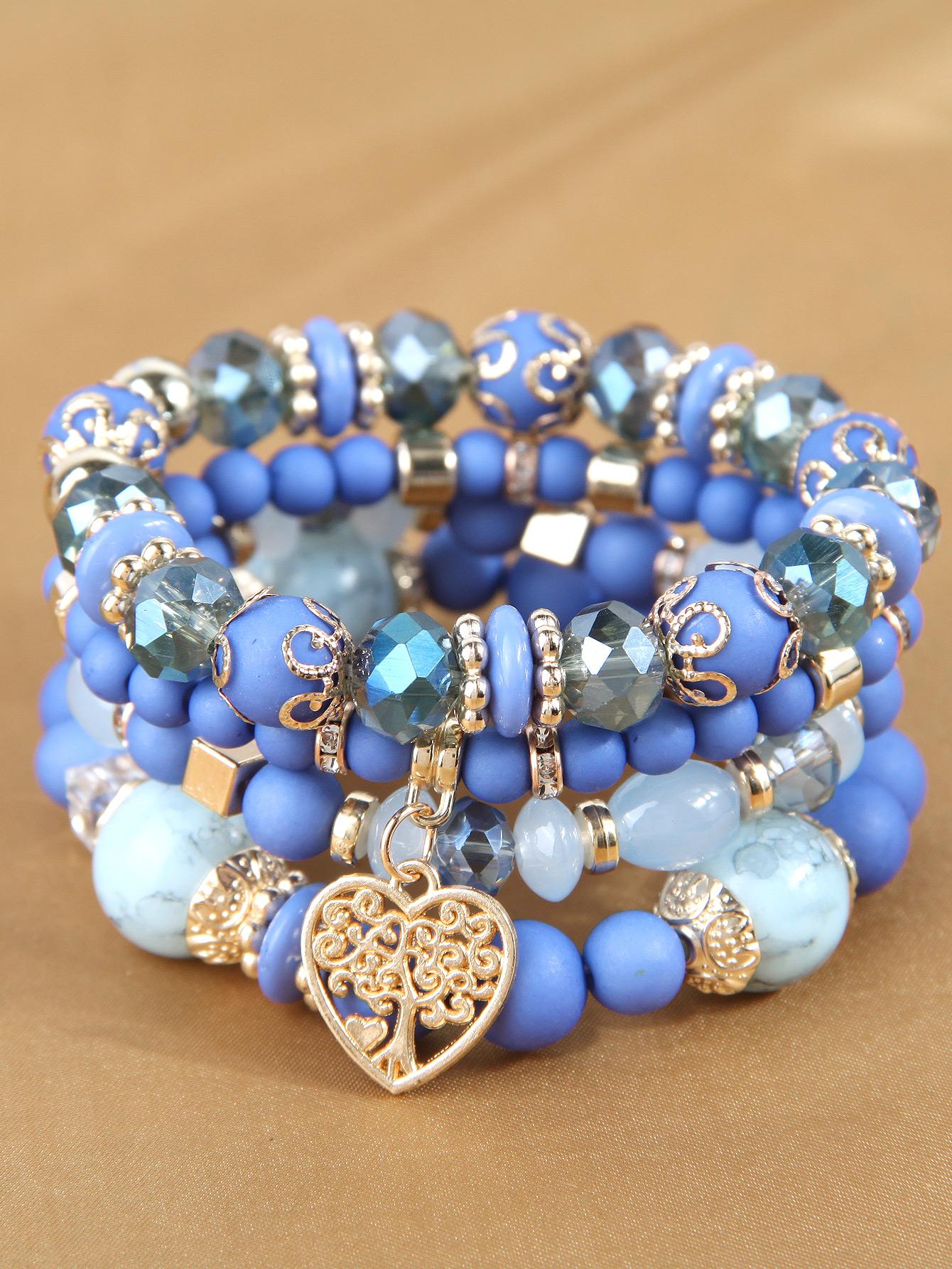 4pcs Simple Beaded Love Heart Pendant Multilayered Bracelet For Women