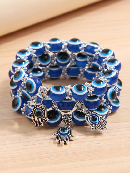 3pcs Fashionable Ol Style Evil Eye & Hand & Eyeball Pendant Bracelet