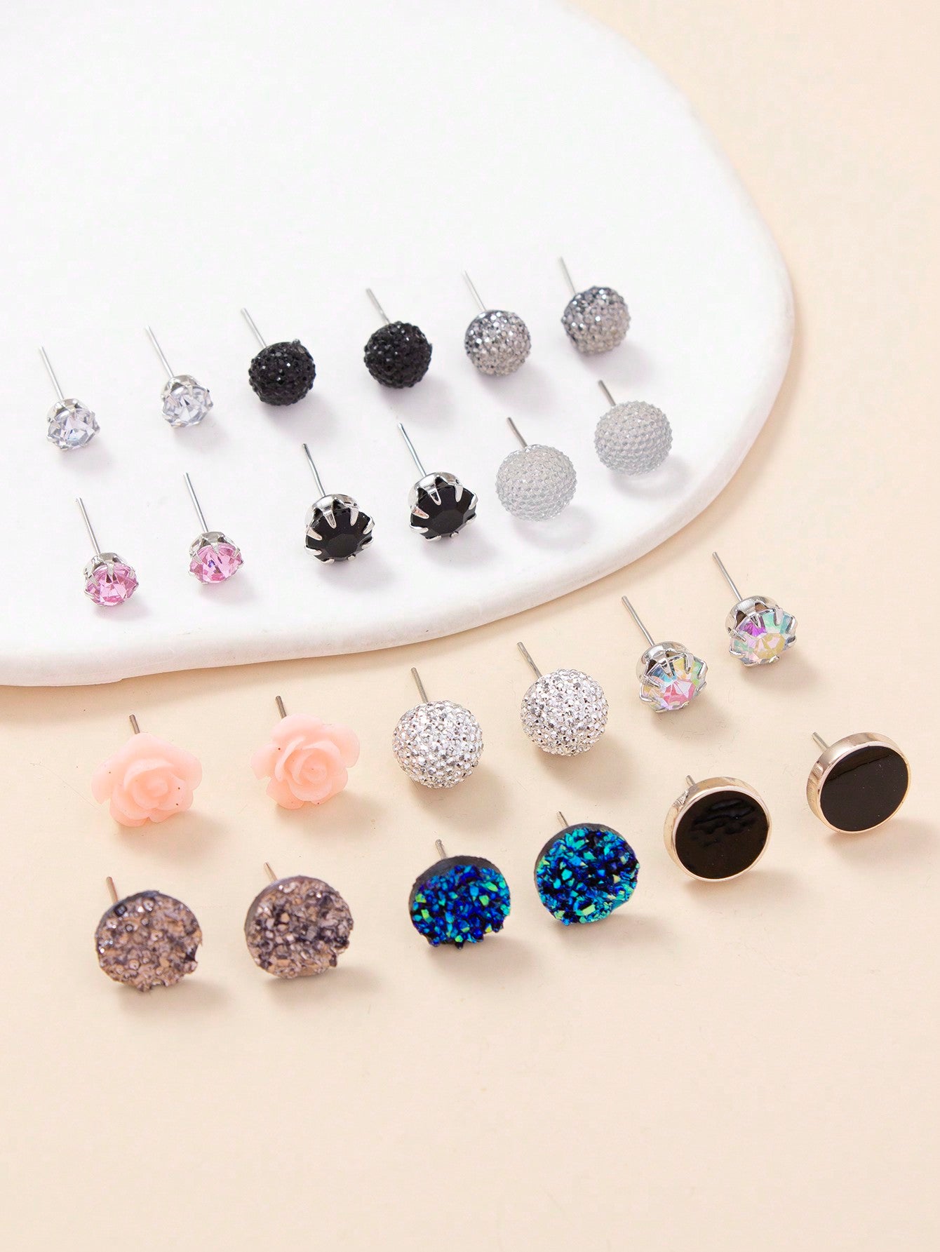 12 Pairs Floral & Crystal Delight Stud Earrings Set