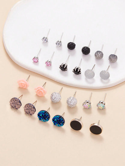 12 Pairs Floral & Crystal Delight Stud Earrings Set