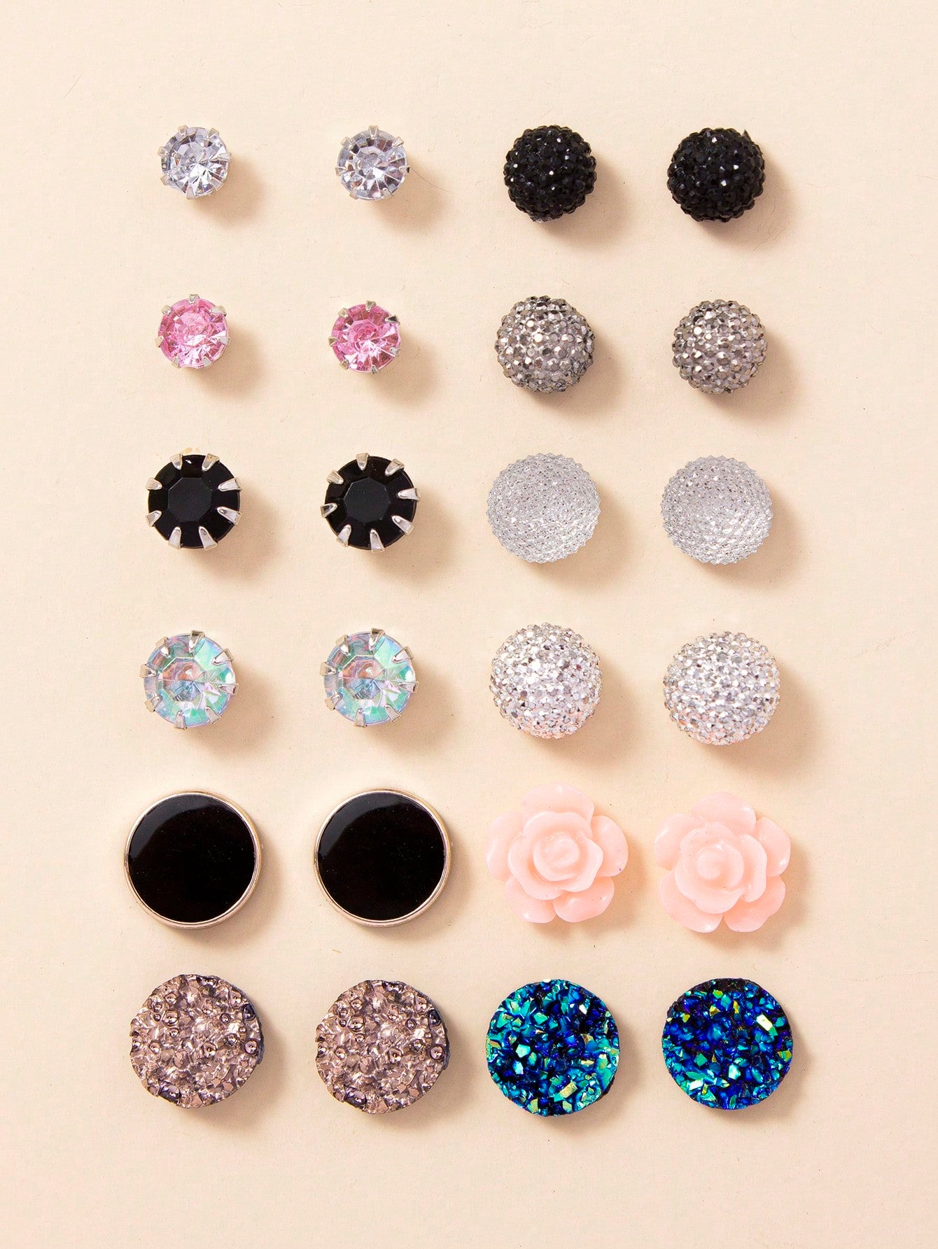 12 Pairs Floral & Crystal Delight Stud Earrings Set