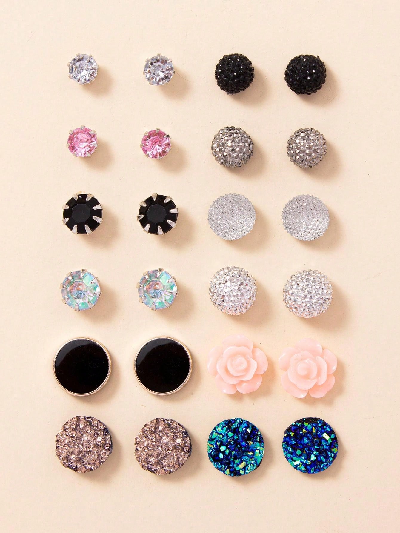 12 Pairs Floral & Crystal Delight Stud Earrings Set