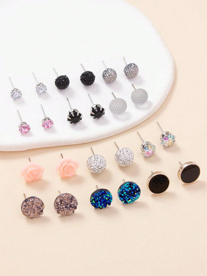 12 Pairs Floral & Crystal Delight Stud Earrings Set