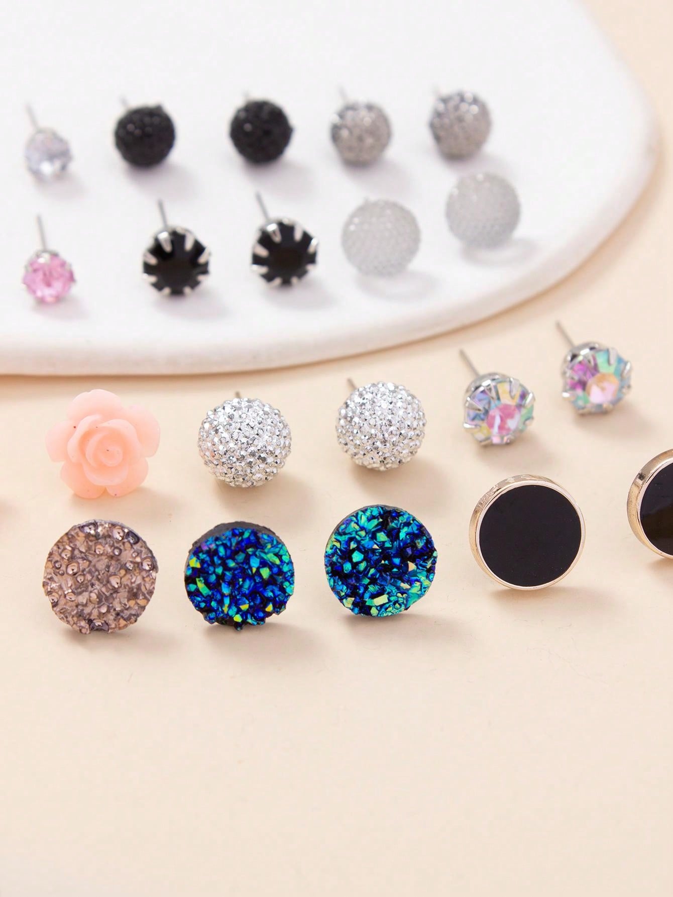 12 Pairs Floral & Crystal Delight Stud Earrings Set