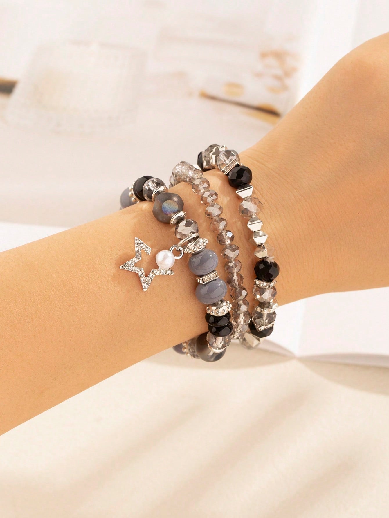 3pcs/set Bohemian Style Women's Crystal Beads & Silver Alloy Block Bracelets