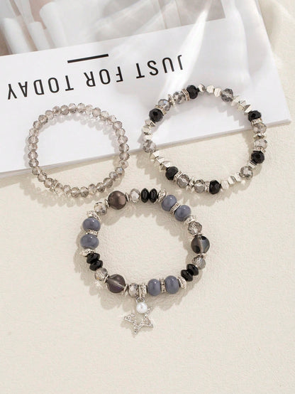 3pcs/set Bohemian Style Women's Crystal Beads & Silver Alloy Block Bracelets