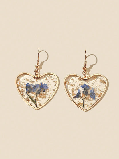 Flower Design Heart Charm Drop Earrings