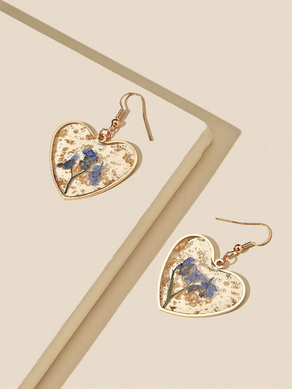 Flower Design Heart Charm Drop Earrings