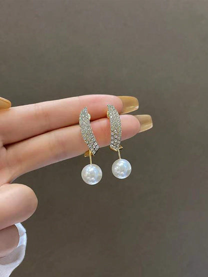 2pcs Elegant Pearl & Rhinestone Inlaid Long Earrings