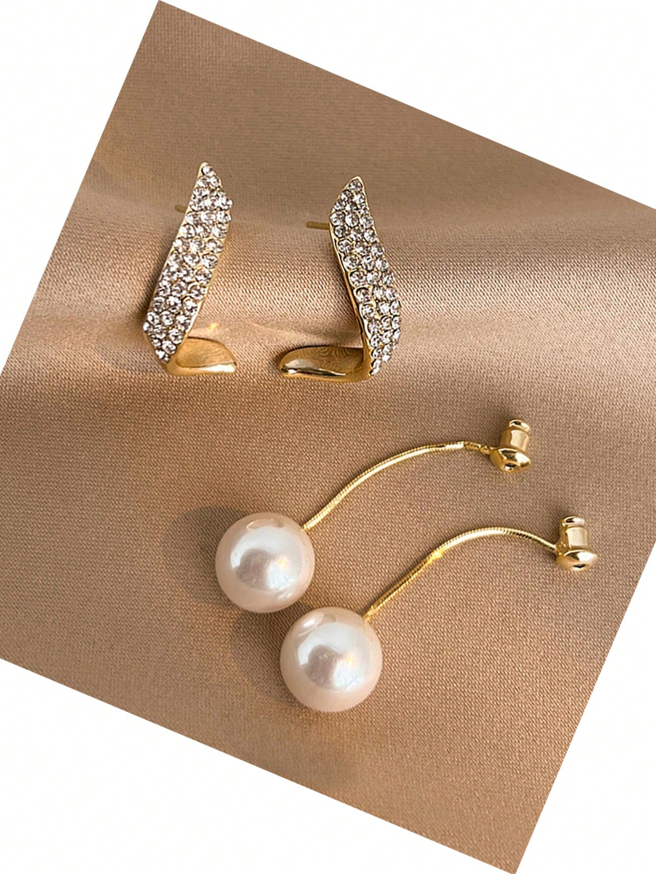 2pcs Elegant Pearl & Rhinestone Inlaid Long Earrings