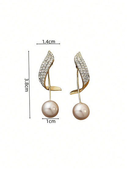 2pcs Elegant Pearl & Rhinestone Inlaid Long Earrings