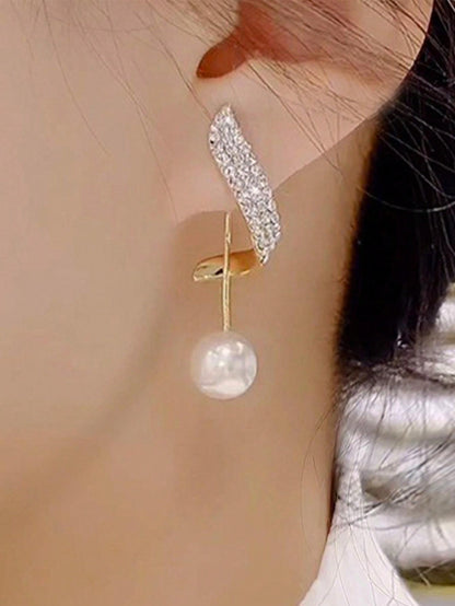 2pcs Elegant Pearl & Rhinestone Inlaid Long Earrings