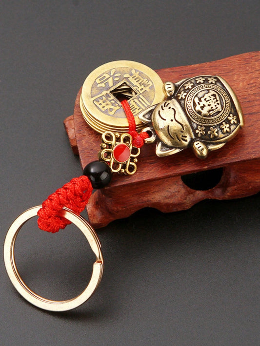 Vintage Handmade Brass Lucky Cat Feng Shui Keychain