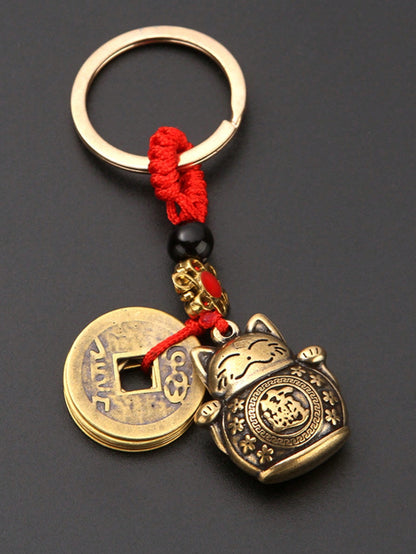 Vintage Handmade Brass Lucky Cat Feng Shui Keychain