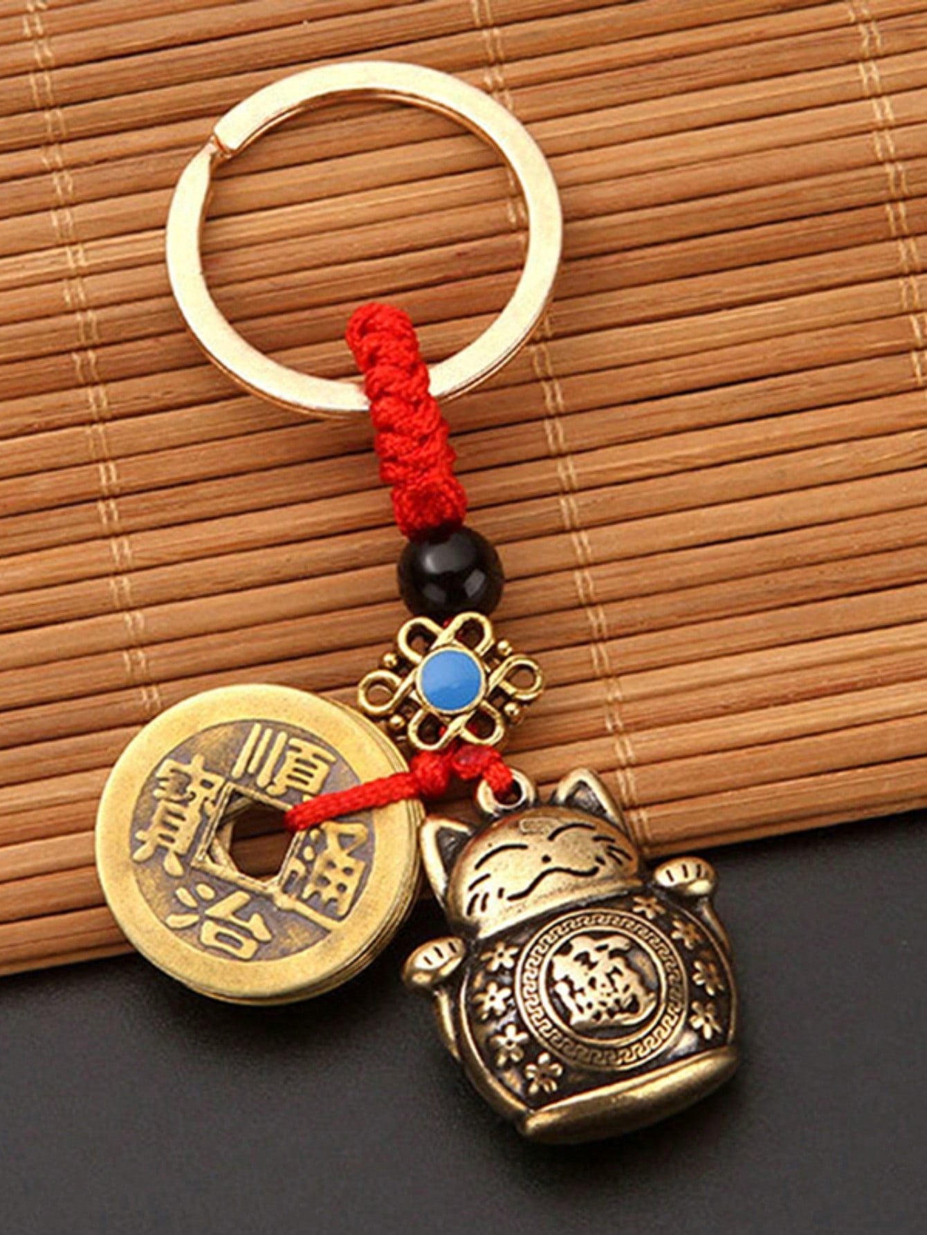 Vintage Handmade Brass Lucky Cat Feng Shui Keychain