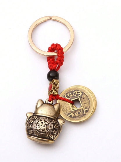 Vintage Handmade Brass Lucky Cat Feng Shui Keychain